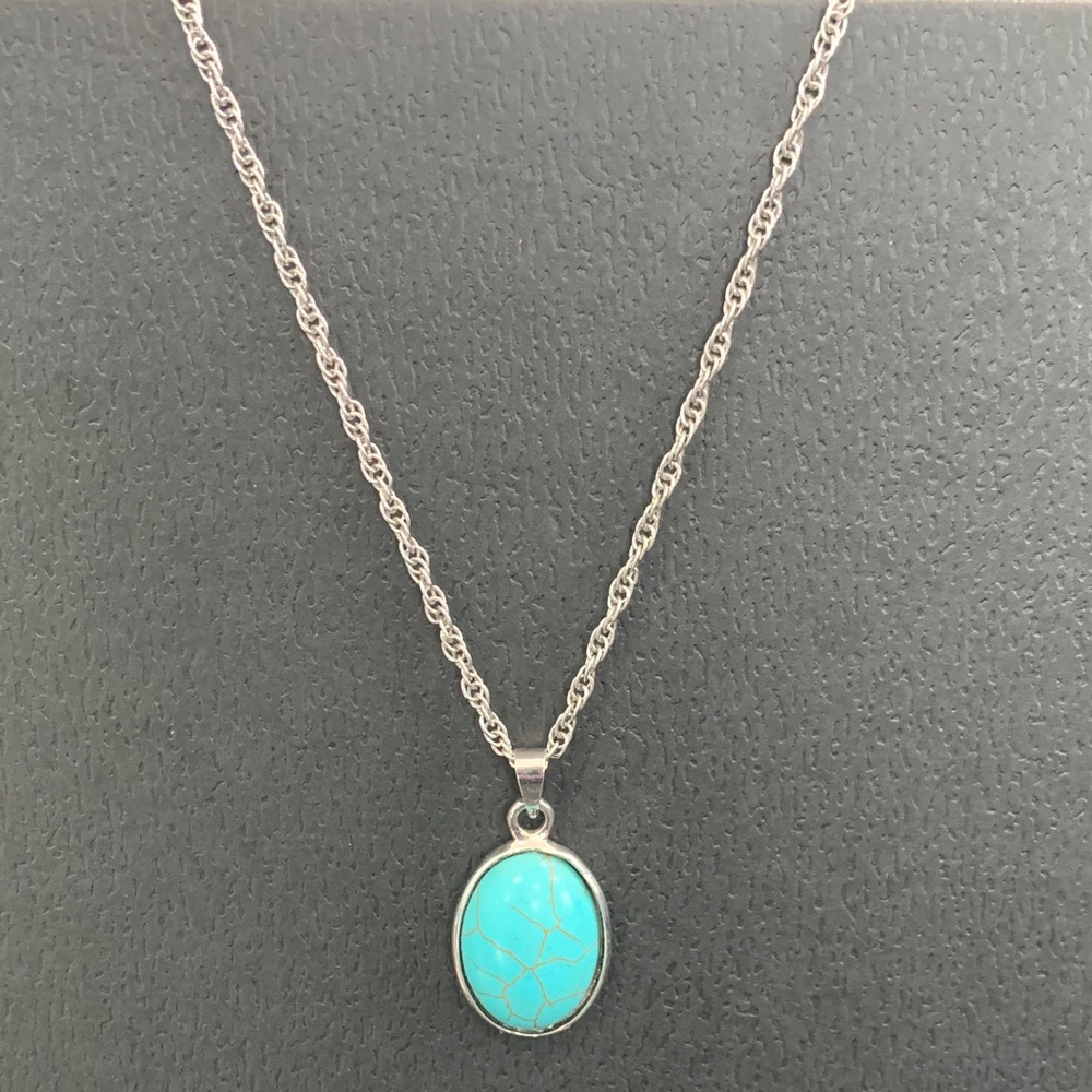 Silver Tone Necklace with Turquoise Oval Pendant - Women's Jewelry